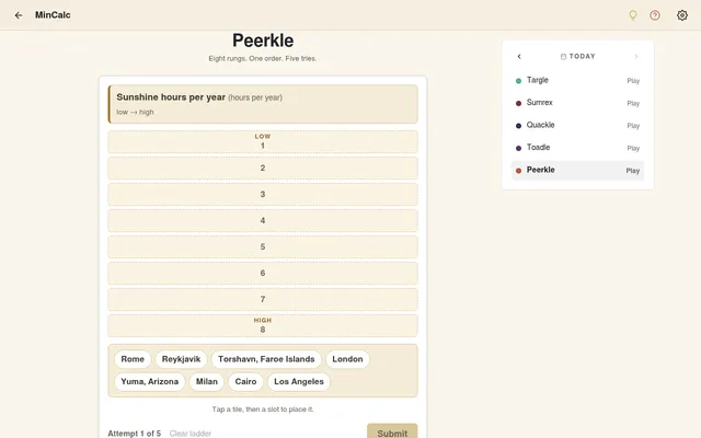 A Peerkle board for the axis Sunshine hours per year: an empty eight-rung ladder from low to high above a bank of cities including Rome, Reykjavik, Cairo and Yuma, Arizona