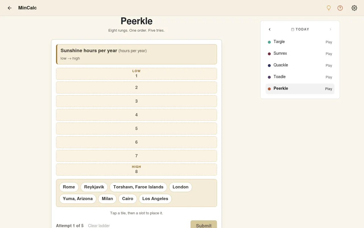 A Peerkle board for the axis Sunshine hours per year: an empty eight-rung ladder from low to high above a bank of cities including Rome, Reykjavik, Cairo and Yuma, Arizona