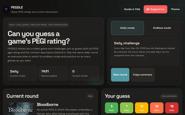 PEGDLE daily mode: the heading Can you guess a game's PEGI rating, the day's game Bloodborne with its cover, and the five PEGI rating buttons 3, 7, 12, 16 and 18