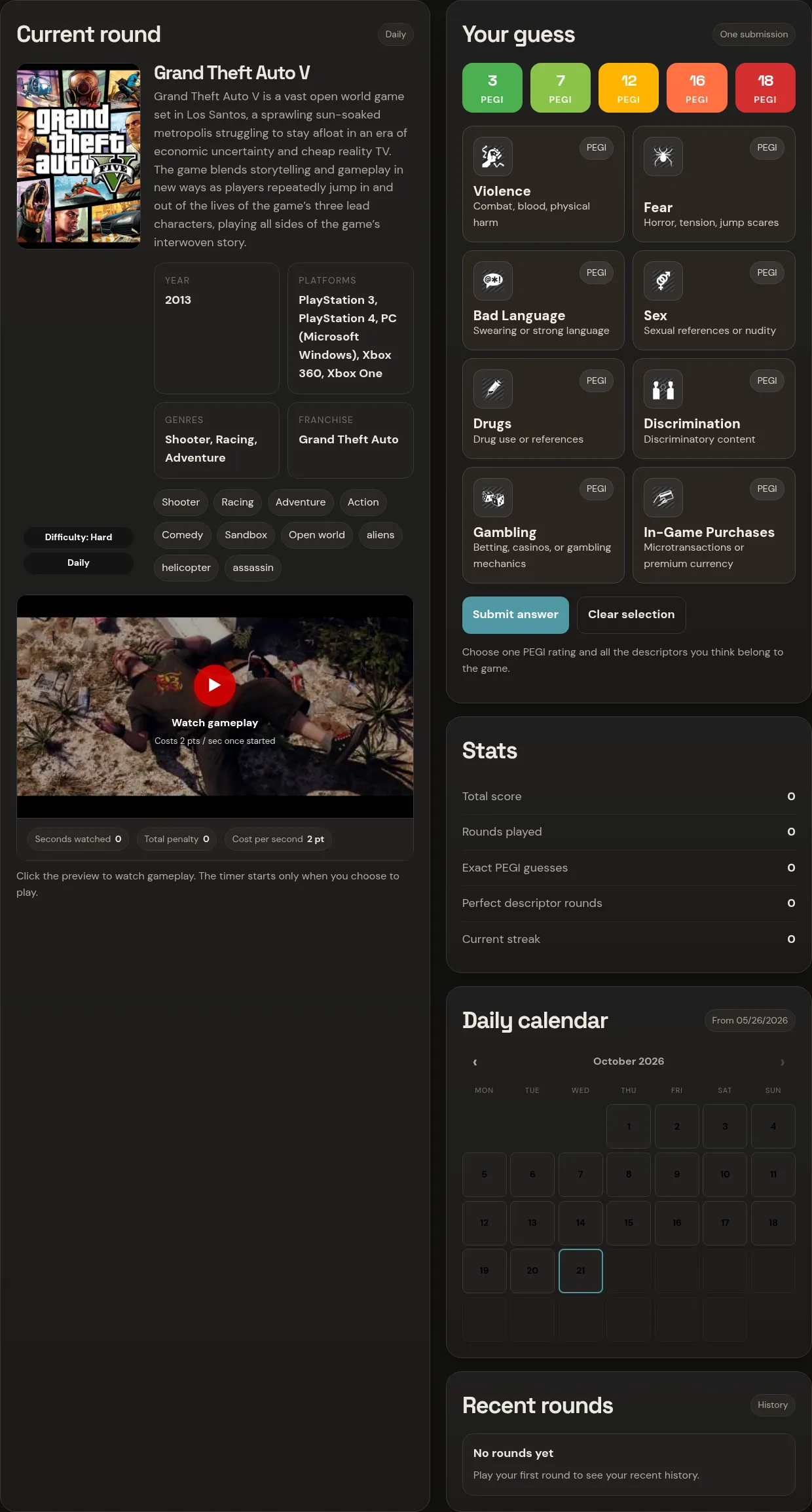 PEGDLE daily round for 21 October 2026: Grand Theft Auto V with its cover, year and platforms, the five PEGI rating buttons, the eight descriptor cards and the daily calendar