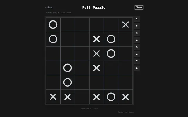 Pell Puzzle for 23 October 2026 at the start: a 6x6 grid of Xs and Os with the path lengths 1 to 8 listed beside it and the timer running