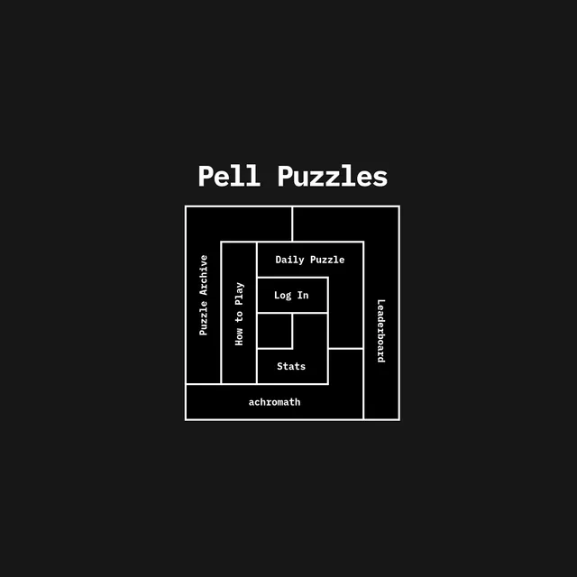 Pell Puzzles main menu drawn as a solved black-and-white grid, with Daily Puzzle, Puzzle Archive, How to Play, Stats, Log In and Leaderboard