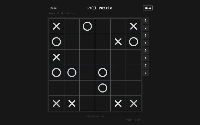 Pell Puzzle for 5 October 2026: a 6x6 grid of circles and crosses with the path pieces numbered 1 to 8 beside it and a running timer