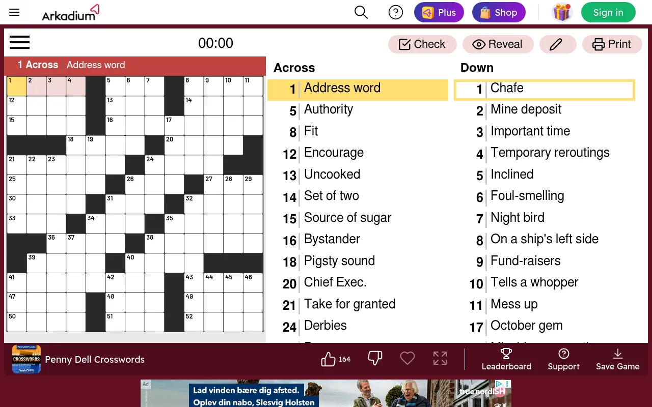 Today's Penny Dell crossword on Arkadium, 17 October 2026: an empty grid with 1 Across, Address word, highlighted, Across and Down clue lists, a timer and Check, Reveal and Print buttons