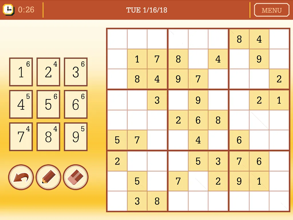 A Penny Dell Daily Sudoku grid in progress: a 9x9 board with given and filled numbers, a timer and the date at the top, and number, undo, pencil and eraser buttons on the left