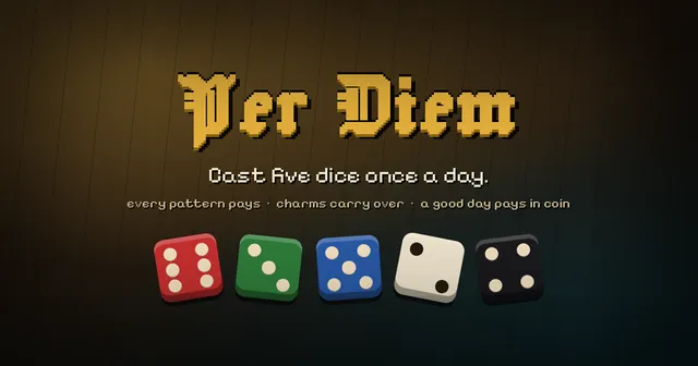 Per Diem: five dice on a lamplit deck under the wordmark