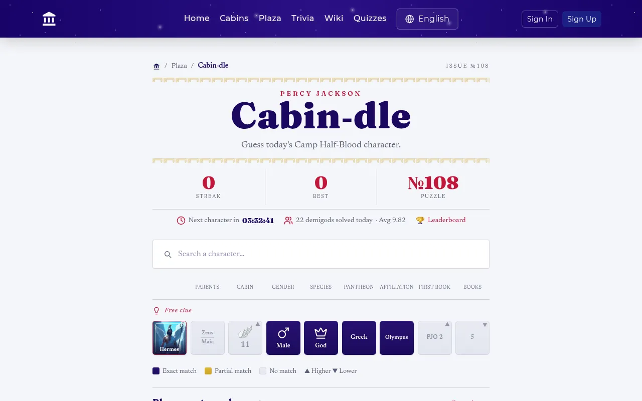 Percy Jackson Cabin-dle puzzle No. 108: streak and puzzle number, the next-character countdown, the character search box and a free clue row for Hermes with parents, cabin 11, Male, God, Greek, Olympu
