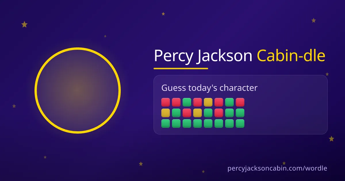 Percy Jackson Cabin-dle share card: Guess today's character, with three rows of coloured clue tiles