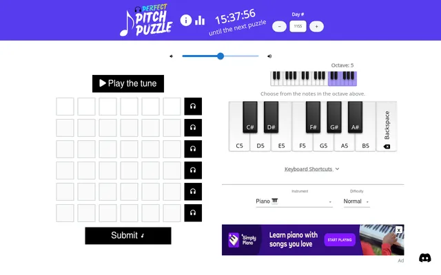 Perfect Pitch Puzzle day 1155: a Play the tune button over six empty rows of six note boxes, an on-screen keyboard from C5 to B5, instrument and difficulty menus, and the countdown to the next puzzle