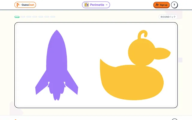Perimetle round 1 of 7 on the board: a purple rocket silhouette beside a yellow duck silhouette, pick the one with the longer outline