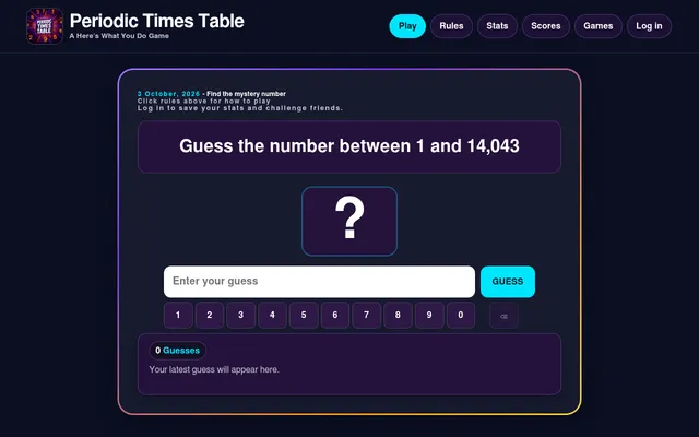 The Periodic Times Table puzzle for 3 October 2026: Guess the number between 1 and 14,043, a question-mark tile, a guess box with a number keypad and 0 guesses so far