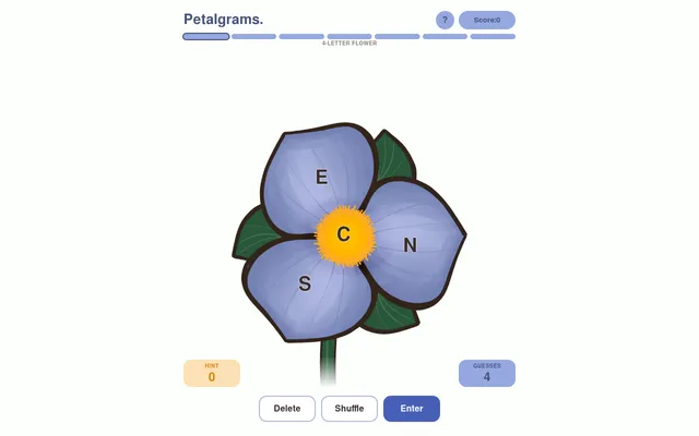Petalgrams board on its 4-letter flower: C in the gold centre with E, N and S on the petals, a hint counter, 4 guesses, and Delete, Shuffle and Enter buttons