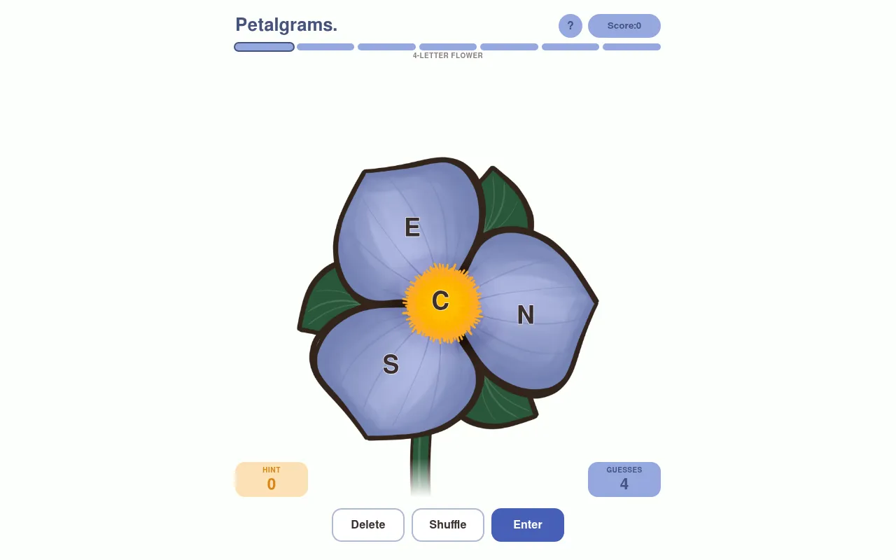 Petalgrams board on its 4-letter flower: C in the gold centre with E, N and S on the petals, a hint counter, 4 guesses, and Delete, Shuffle and Enter buttons