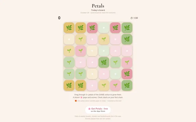 Today's Petals board for October 26 in the browser: a 6 by 6 grid of pastel yellow, pink and green flower tiles at seed, sprout and leaf stages, score 0 and a 1:30 clock