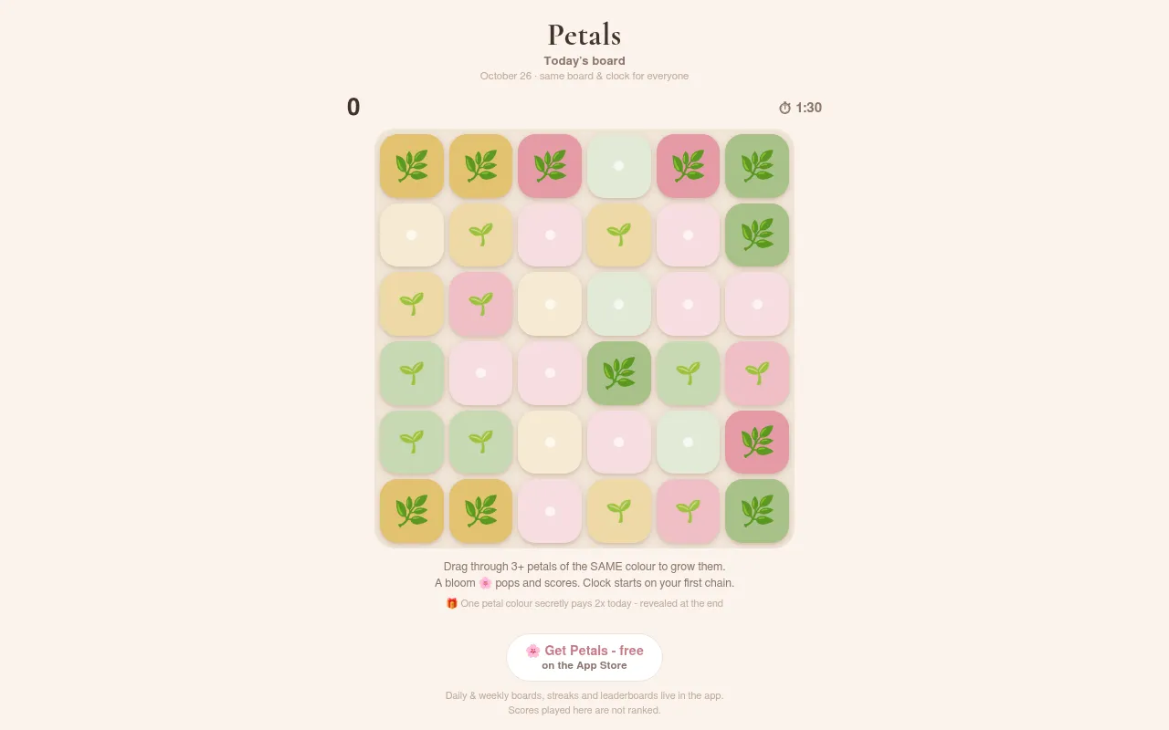 Today's Petals board for October 26 in the browser: a 6 by 6 grid of pastel yellow, pink and green flower tiles at seed, sprout and leaf stages, score 0 and a 1:30 clock