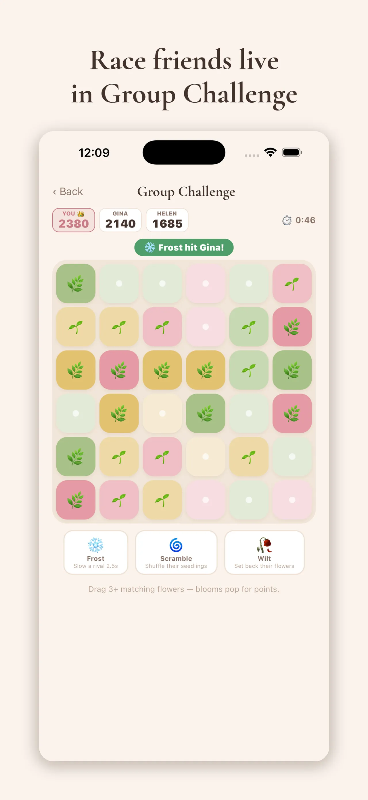 Petals app screenshot of a live Group Challenge: a flower board with rival scores and the Frost, Scramble and Wilt power-ups