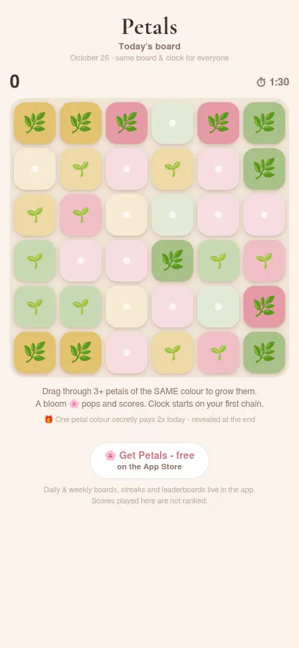 The same Petals daily board at phone size: the 6 by 6 flower grid fills the screen width, with the rules and the App Store button below it