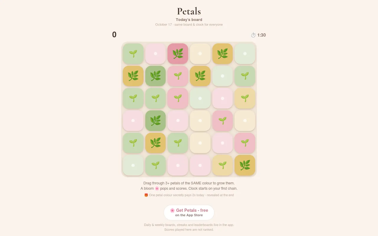 Today's Petals board in the browser: a 6 by 6 grid of pastel flower tiles with seeds, sprouts and buds, a score of 0 and a 1:30 clock