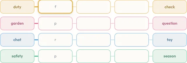 The October 5, 2026 Phrasicle grid: four colour-coded rows such as duty to check and garden to question, each with three blanks to fill, first letters shown