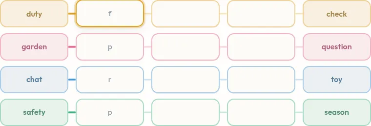 The October 5, 2026 Phrasicle grid: four colour-coded rows such as duty to check and garden to question, each with three blanks to fill, first letters shown