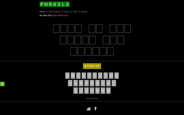 Phrasle #1716: three rows of blank tiles showing the day's phrase, 3 misses left and an on-screen QWERTY keyboard