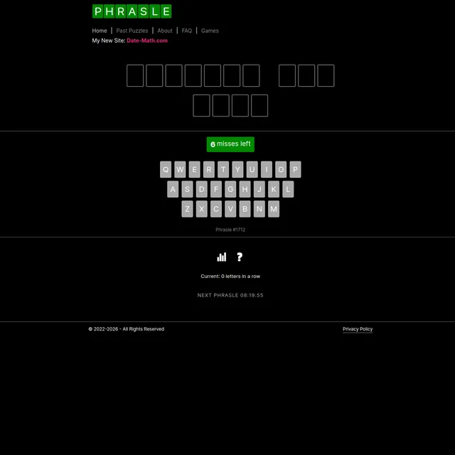 Phrasle #1712 with a row of blank phrase tiles showing the word breaks, a 6 misses left counter, a QWERTY on-screen keyboard, and a countdown to the next phrase.