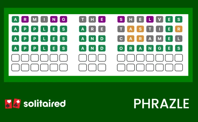 A Phrazle board with three words and rows of green, orange, purple and grey tiles
