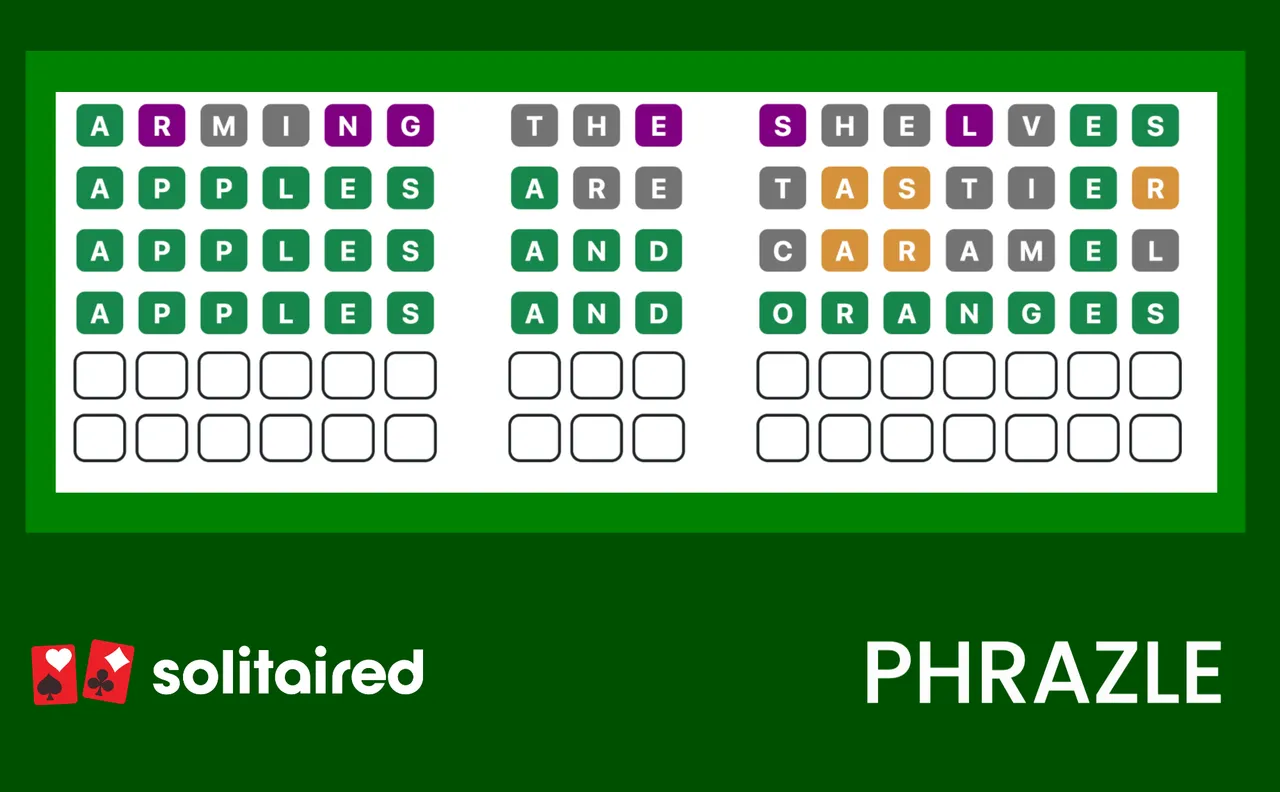 A Phrazle board with three words and rows of green, orange, purple and grey tiles