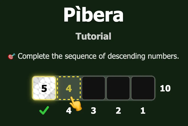 Pìbera tutorial: complete the sequence of descending numbers from 5 to 1