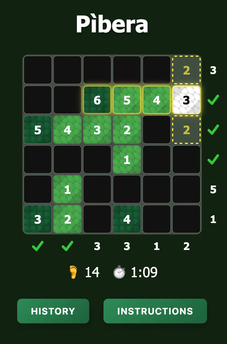 Pìbera 6x6 grid mid-solve with green decreasing number runs, edge totals and checks, a move counter and timer