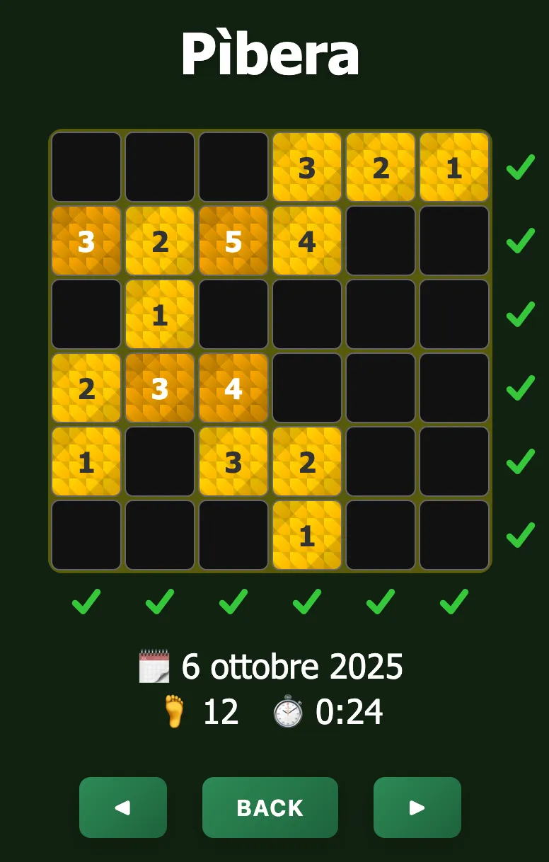 Solved Pìbera grid from 6 October 2025 with golden number runs and green checks on every row and column