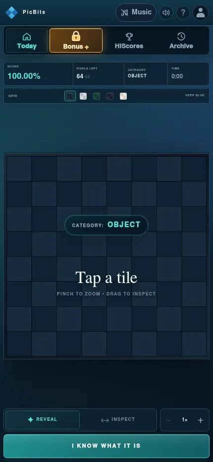 PicBits daily puzzle 064 at phone size: the covered 8x8 grid with category Object, Reveal and Inspect modes, zoom and the I know what it is button