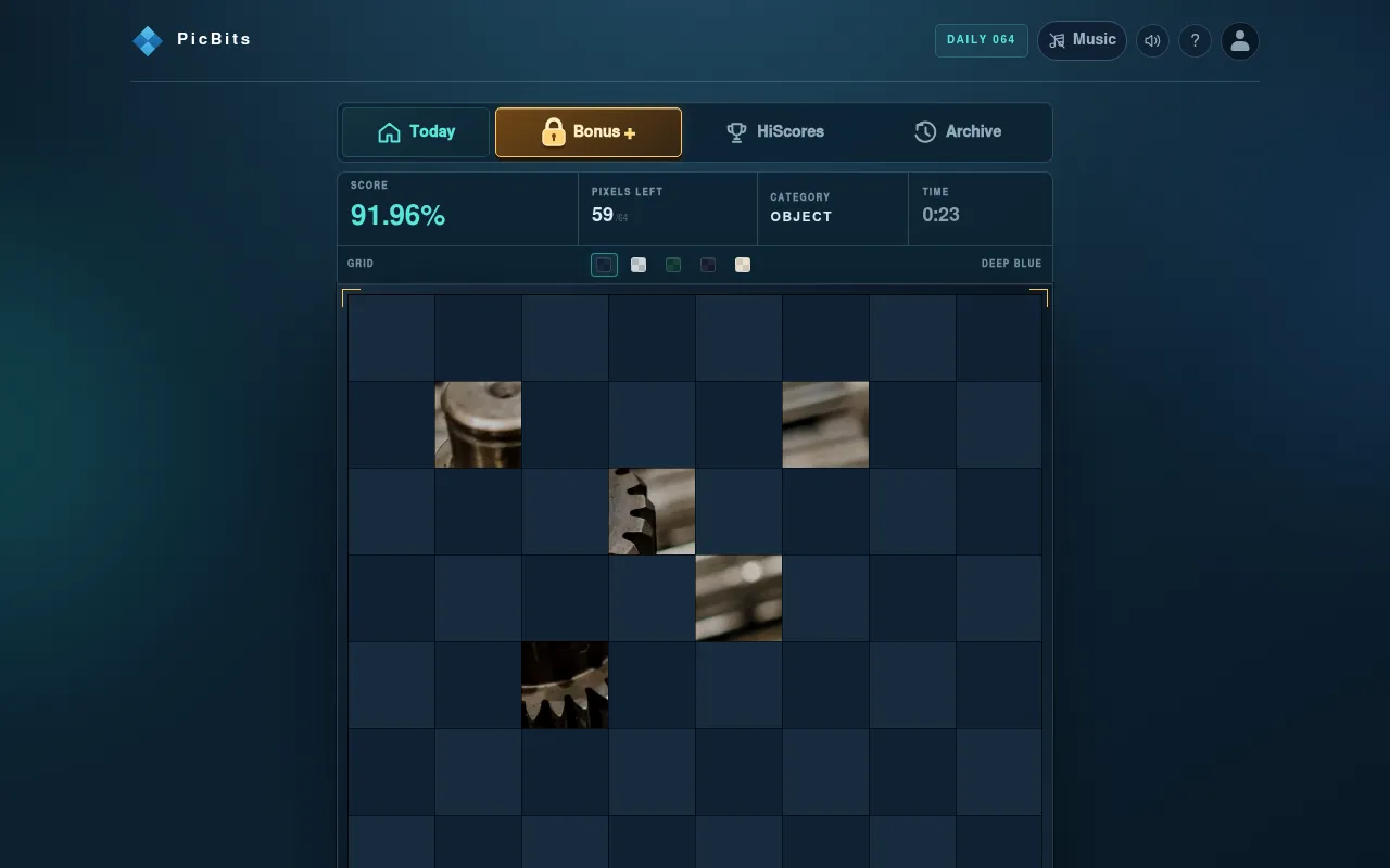 PicBits daily puzzle 064 in play at desktop size: five cells of the 8x8 grid uncovered showing metal gear teeth, category Object, score 91.96% with 59 pixels left