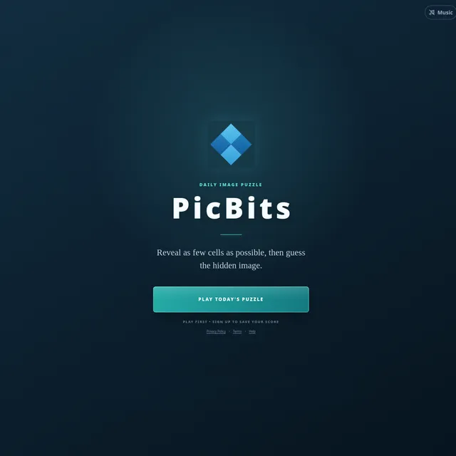 PicBits title screen with a blue diamond logo, 'Daily image puzzle' and a 'Play today's puzzle' button