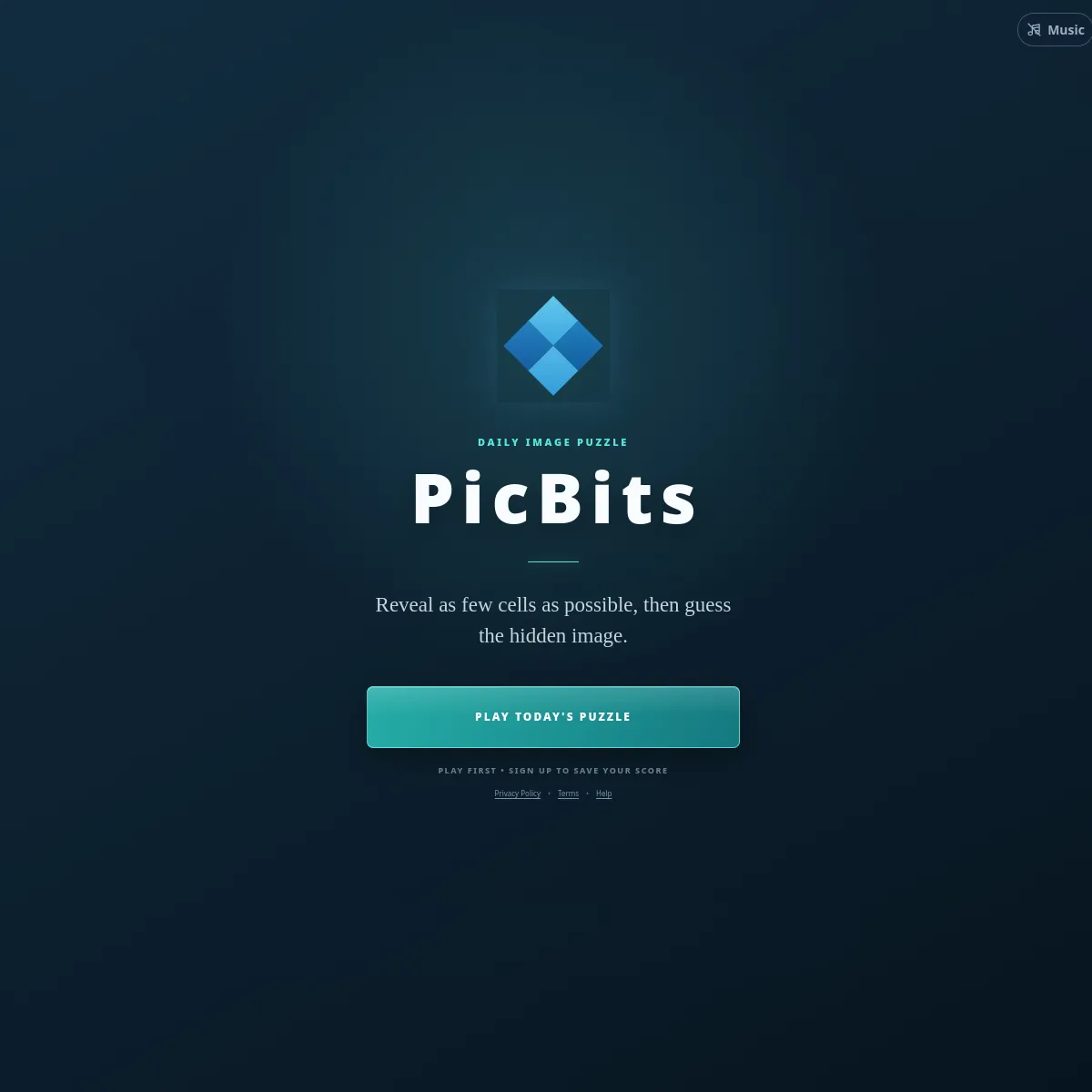 PicBits title screen with a blue diamond logo, 'Daily image puzzle' and a 'Play today's puzzle' button
