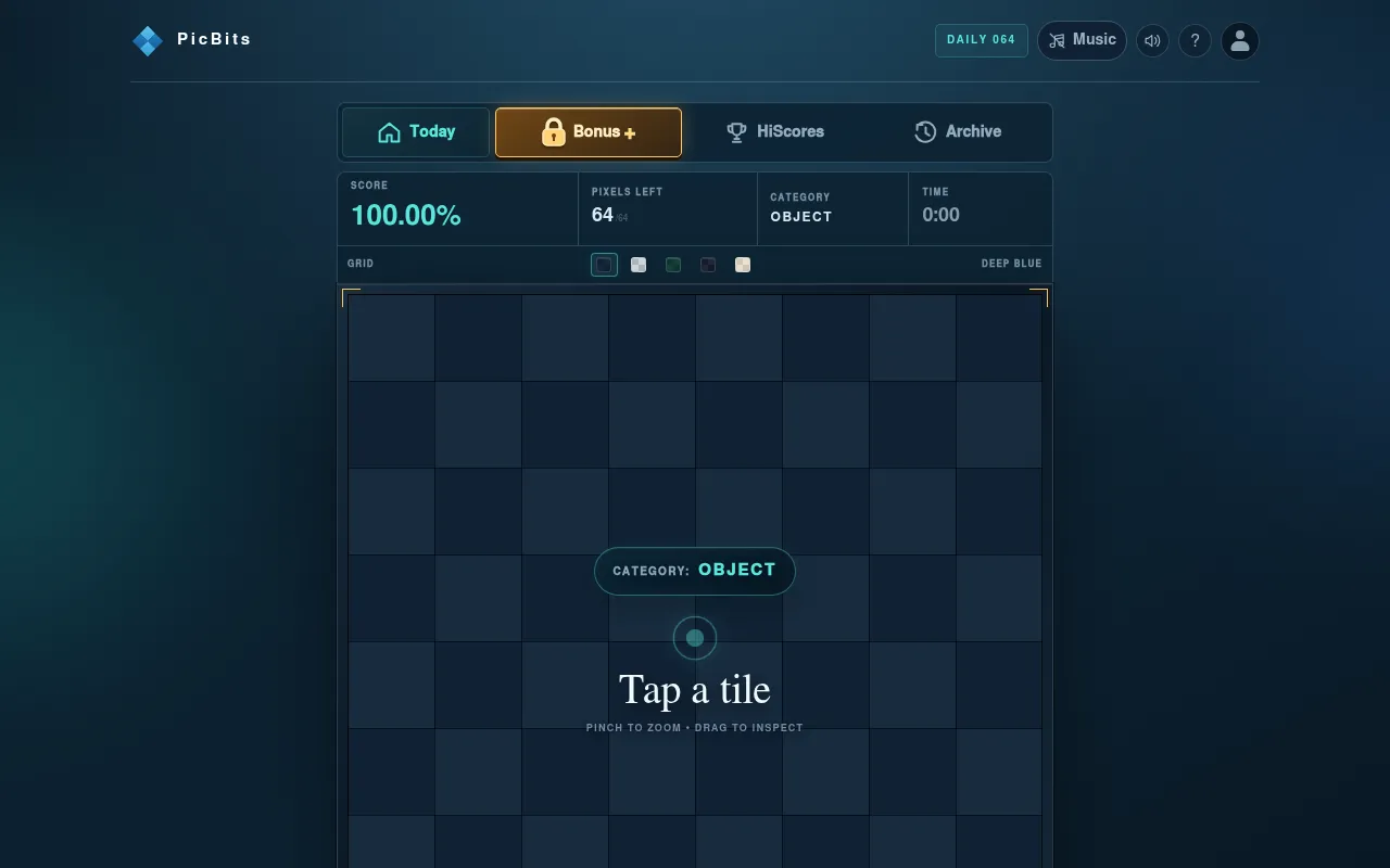 PicBits daily puzzle 064: a covered 8x8 grid with category Object, score 100.00% and 64 pixels left, under Today, Bonus, HiScores and Archive tabs