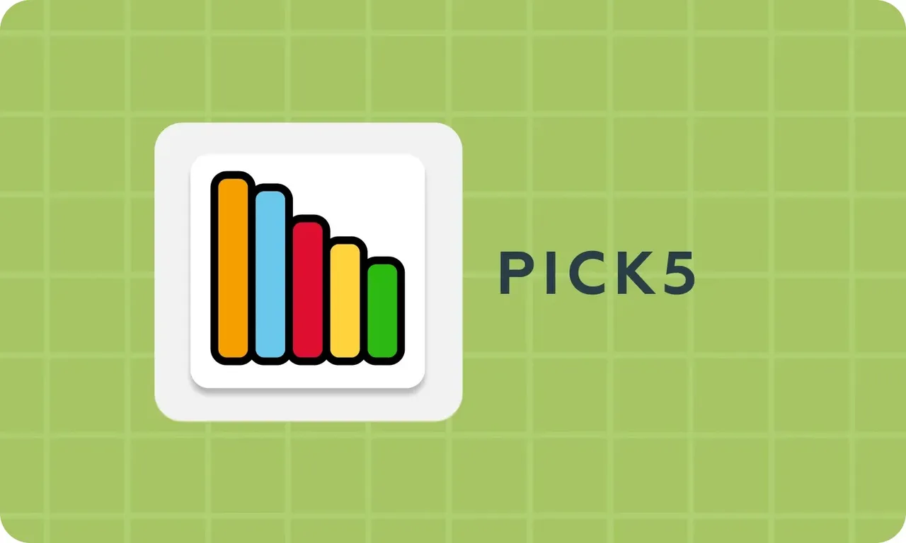 Pick5 logo: five coloured bars of falling height on a green grid background