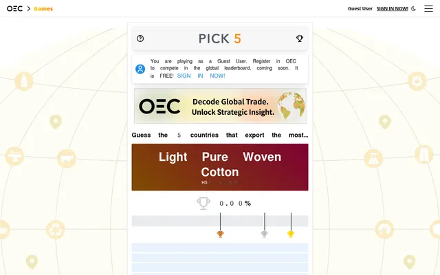 Today's Pick 5 board on OEC: guess the five countries that export the most Light Pure Woven Cotton, with a 0.00% score bar and bronze, silver and gold marks