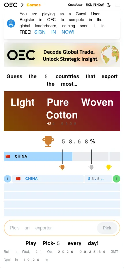 Pick 5 on a phone after one pick: China ranks first for Light Pure Woven Cotton, the bar reads 58.68% and the bronze cup is lit