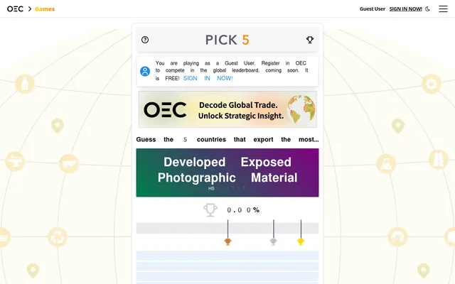 The day's Pick 5 puzzle on OEC: guess the five countries that export the most Developed Exposed Photographic Material, with a 0.00% score bar, bronze, silver and gold trophy marks and empty answer row