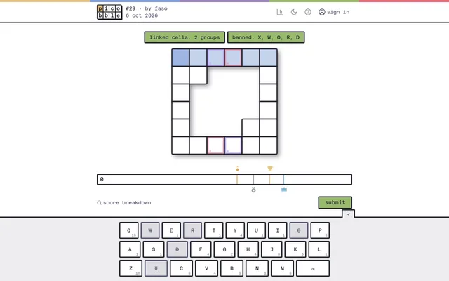 Picobble #29 for 6 Oct 2026 by faso: a ring-shaped empty word grid with linked cells, the modifiers linked cells: 2 groups and banned: X, W, O, R, D, a score bar with medal marks and a keyboard of let