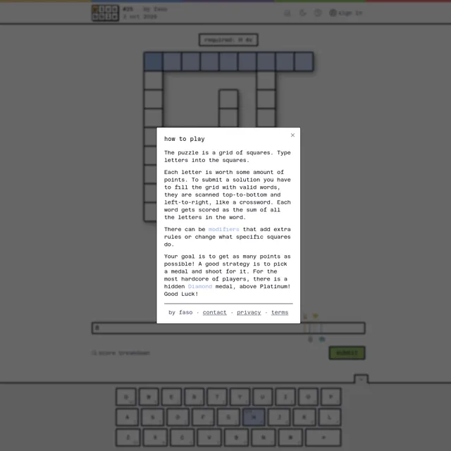 Picobble #25 for 2 October 2026 by faso: an empty grid of squares with the modifier 'required: H 4x', partly covered by the how-to-play box explaining letter points and medals, above a score bar and a