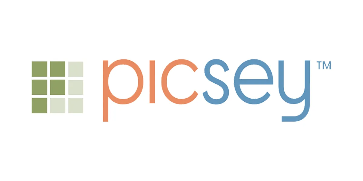 The Picsey logo: the game's name in orange and blue beside a three by three grid of green tiles, some removed, like its tile board