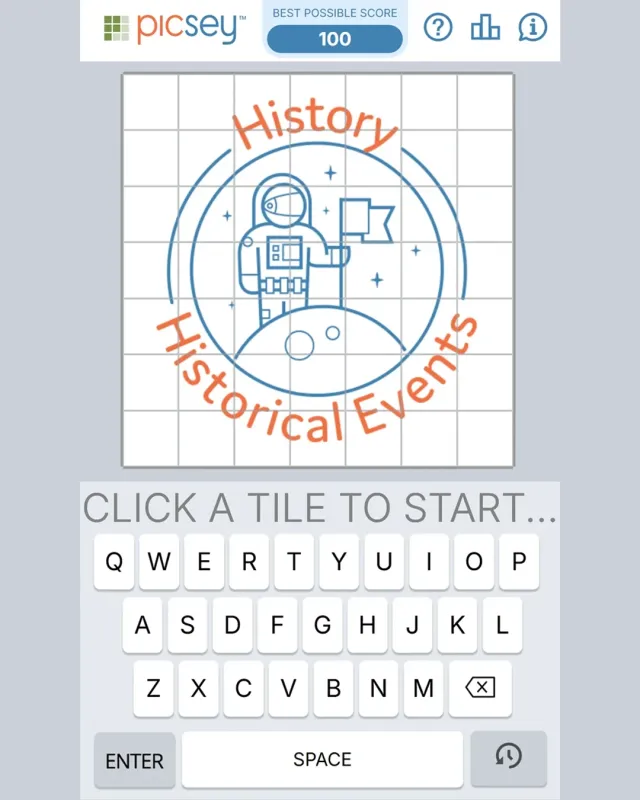 A Picsey board at the start of a day: the 7x7 tile grid over the photo with the clue History, Historical Events, the best possible score of 100 and the keyboard
