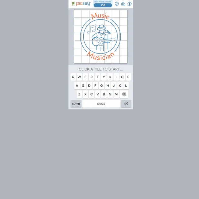 Picsey start screen: a 7x7 tile grid over the hidden photo with the clue Music and Musician, a best possible score of 100 and the keyboard