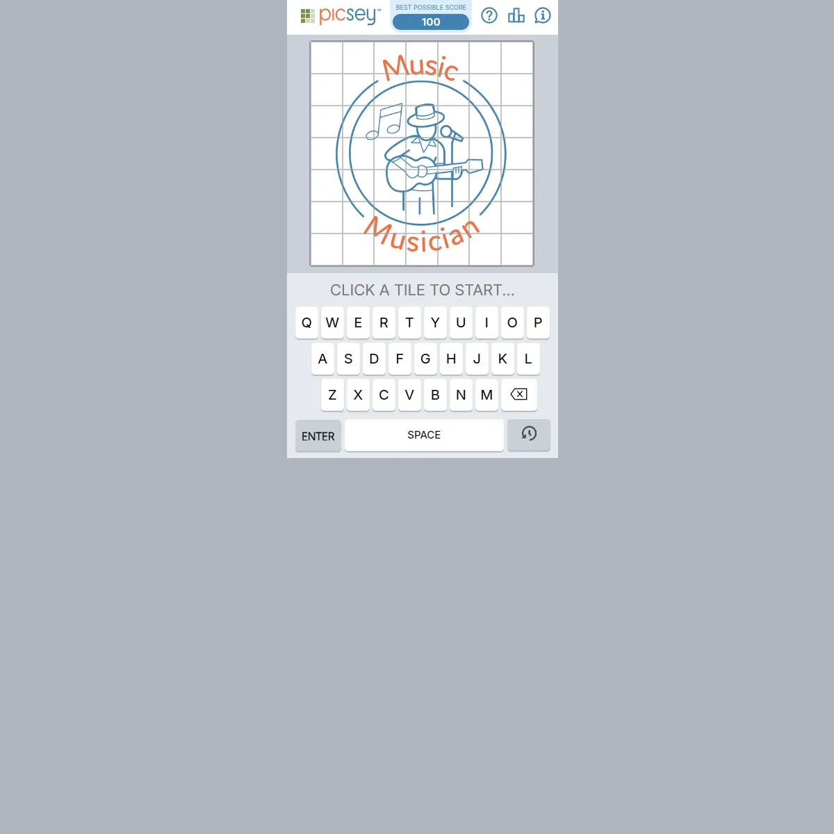 Picsey start screen: a 7x7 tile grid over the hidden photo with the clue Music and Musician, a best possible score of 100 and the keyboard