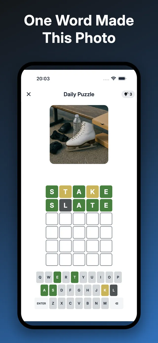Piction's daily puzzle: a photo of ice skates by a bench above a grid with the guesses STAKE and SLATE in colored letters