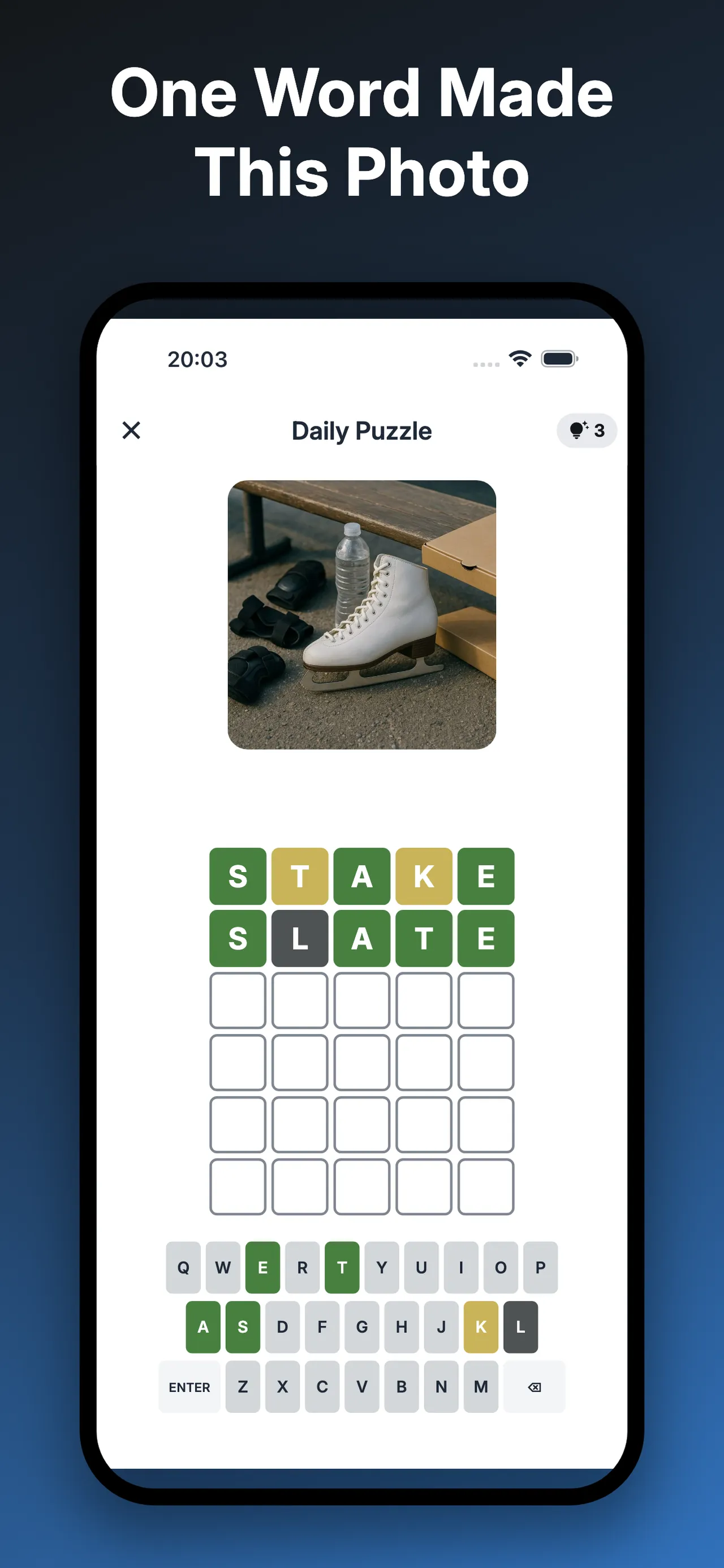 Piction's daily puzzle: a photo of ice skates by a bench above a grid with the guesses STAKE and SLATE in colored letters