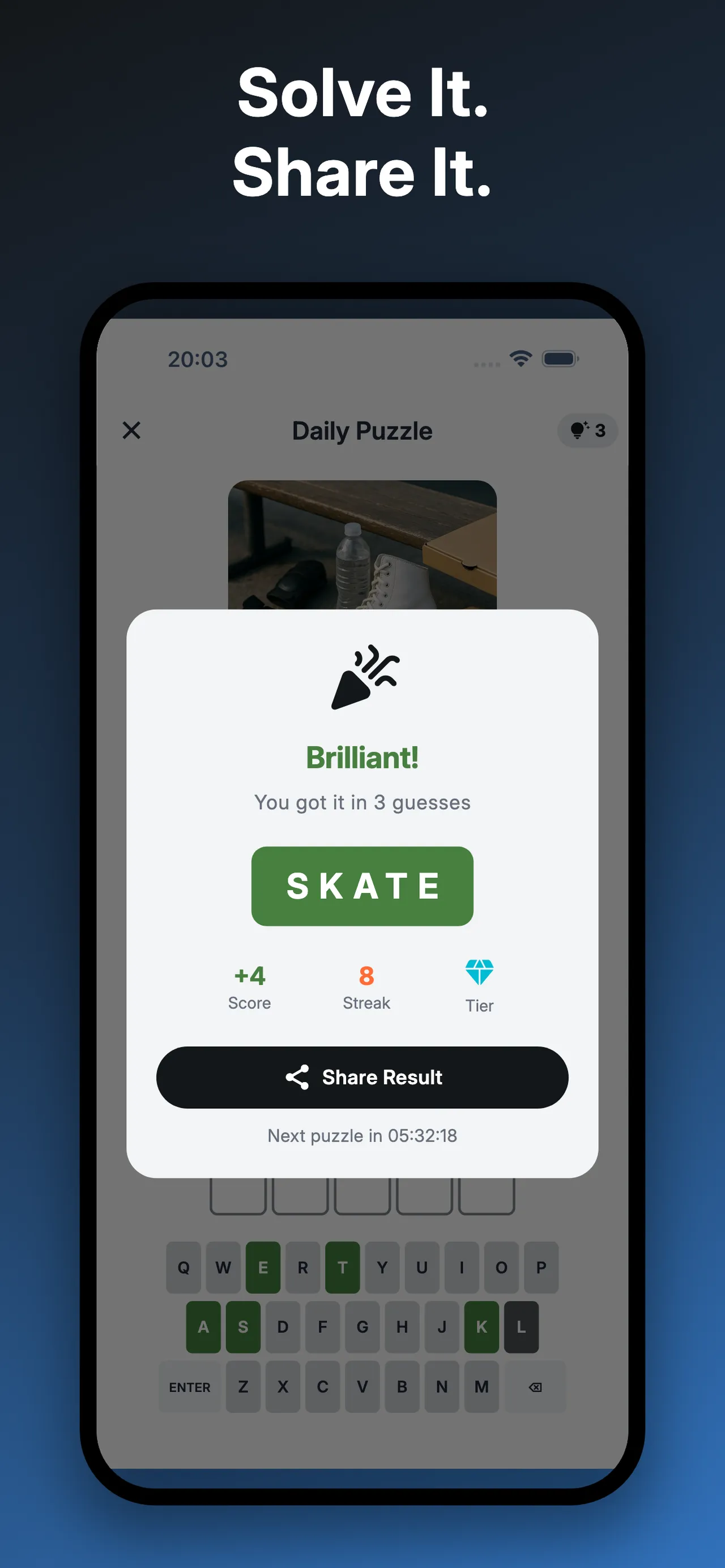 Piction's result card: SKATE solved in three guesses, with score, streak and a countdown to the next puzzle
