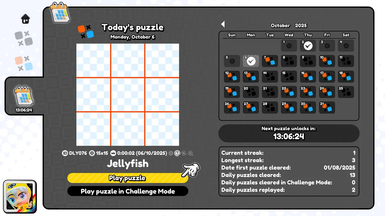 Piczle World of Puzzles daily screen: Today's puzzle Jellyfish (15x15), a monthly calendar, a countdown to the next puzzle and streak stats